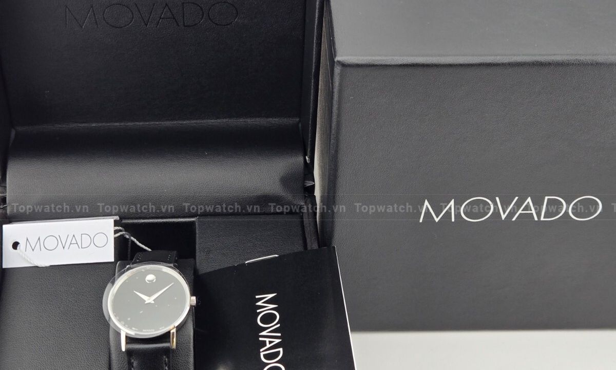 Bộ phụ kiện đồng hồ Movado chính hãng gồm hộp đựng màu đen, thẻ tag, sổ hướng dẫn và đồng hồ