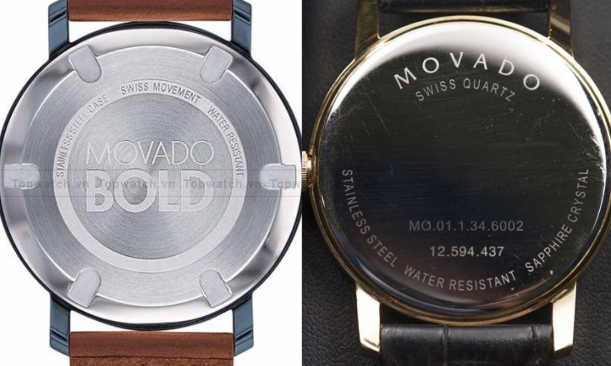 So sánh mặt sau đồng hồ Movado: bên trái chính hãng khắc sắc nét, bên phải chữ khắc kém tinh xảo
