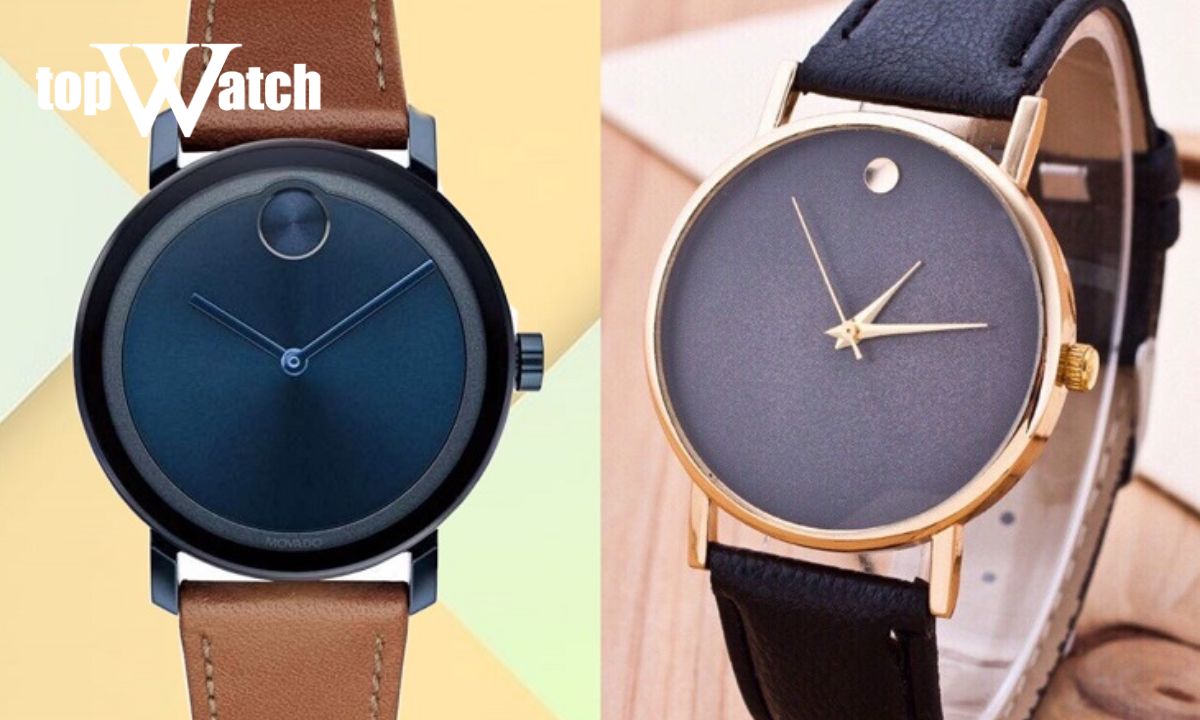 So sánh dây da Movado: bên trái chính hãng may đều, da mịn; bên phải hoàn thiện kém, form thiếu chuẩn