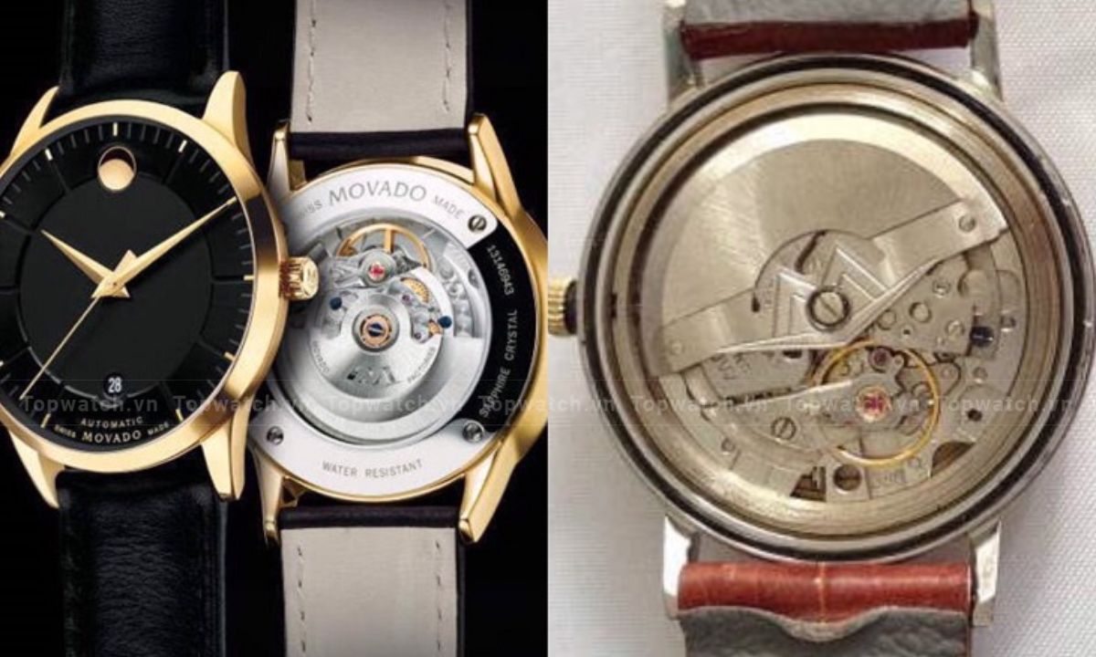 So sánh bộ máy Movado: bên trái chính hãng hoàn thiện tinh xảo, bên phải máy thô, chi tiết kém sắc nét