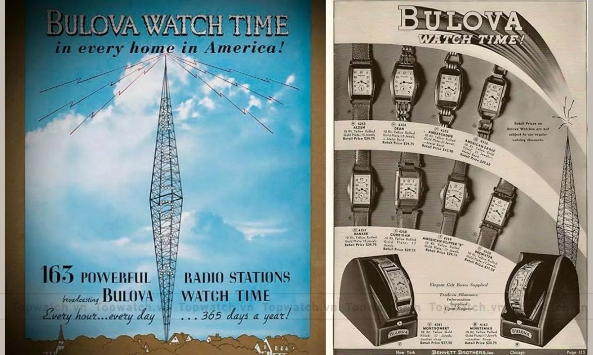 Poster quảng cáo chiến dịch “Bulova Watch Time” của Bulova, nhấn mạnh mạng lưới phát sóng trên 163 đài phát thanh với thông điệp: “Mỗi giờ… mỗi ngày… 365 ngày một năm!”