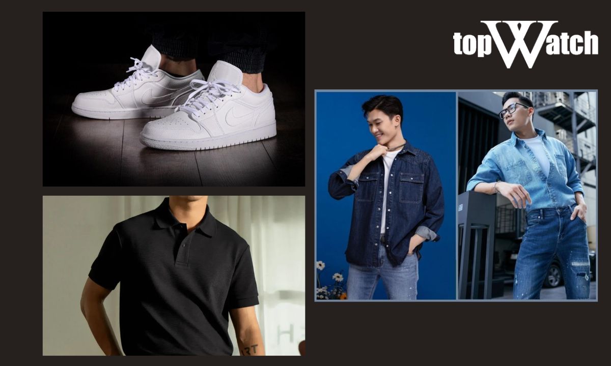 Giày sneaker trắng, áo polo đen và outfit denim nam trẻ trung