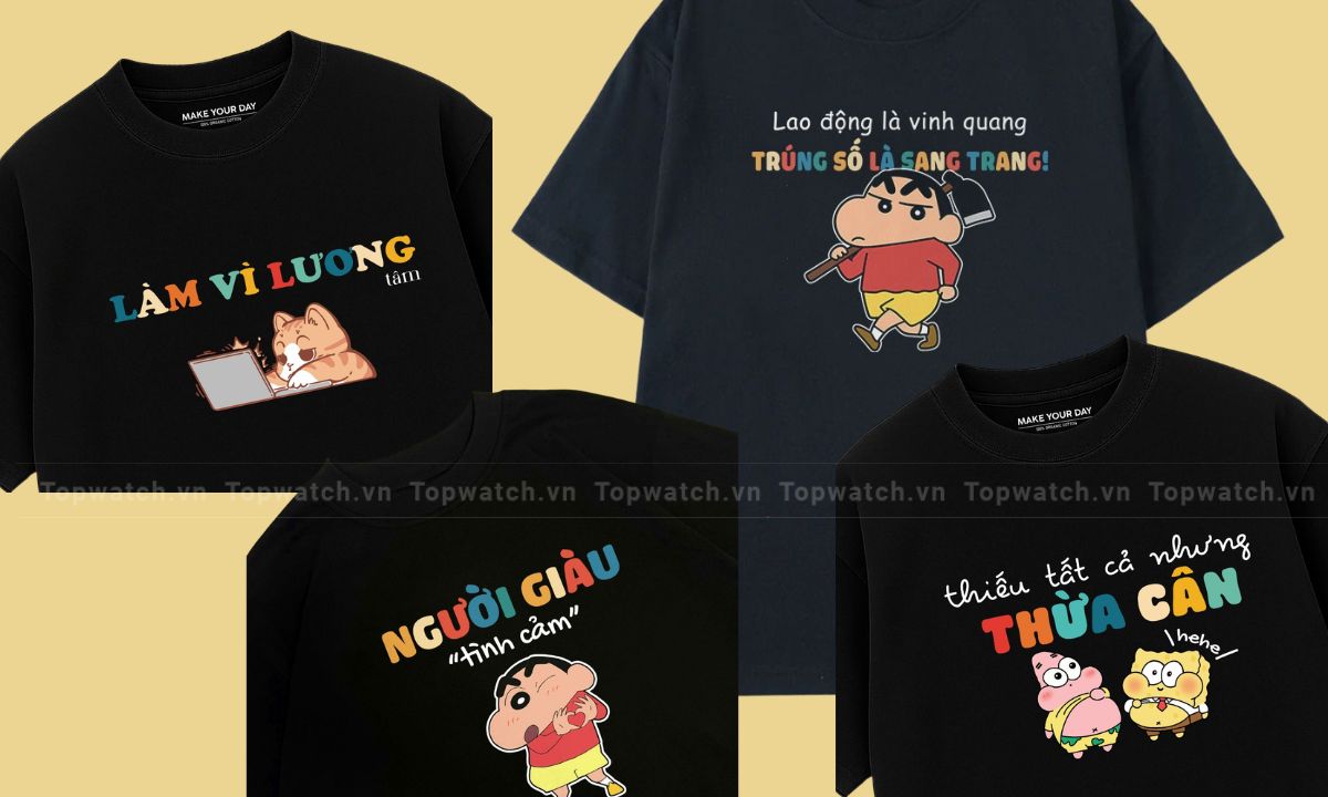 Áo thun đen in hình hoạt hình và slogan hài hước
