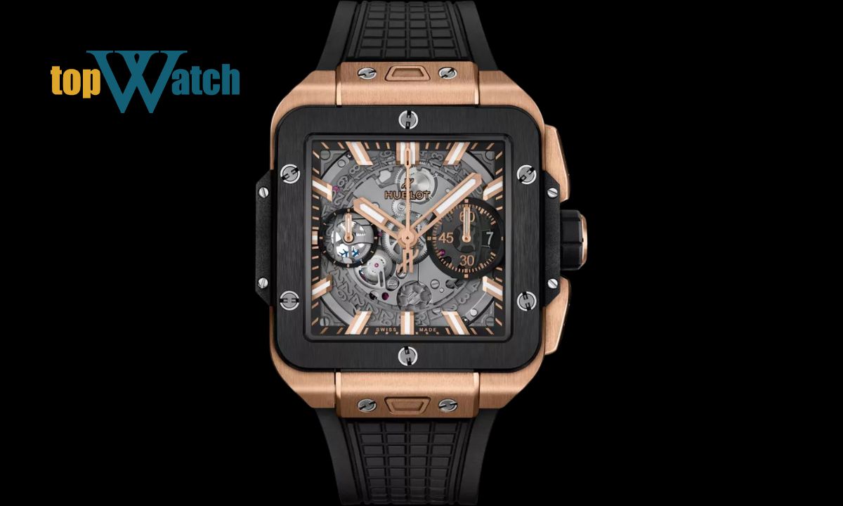 Gợi ý 10 mẫu đồng hồ Hublot mặt vuông độc đáo, được săn đón nhất Đồng hồ Hublot Square Bang Unico King Gold Ceramic 821.OM.0180.RX
