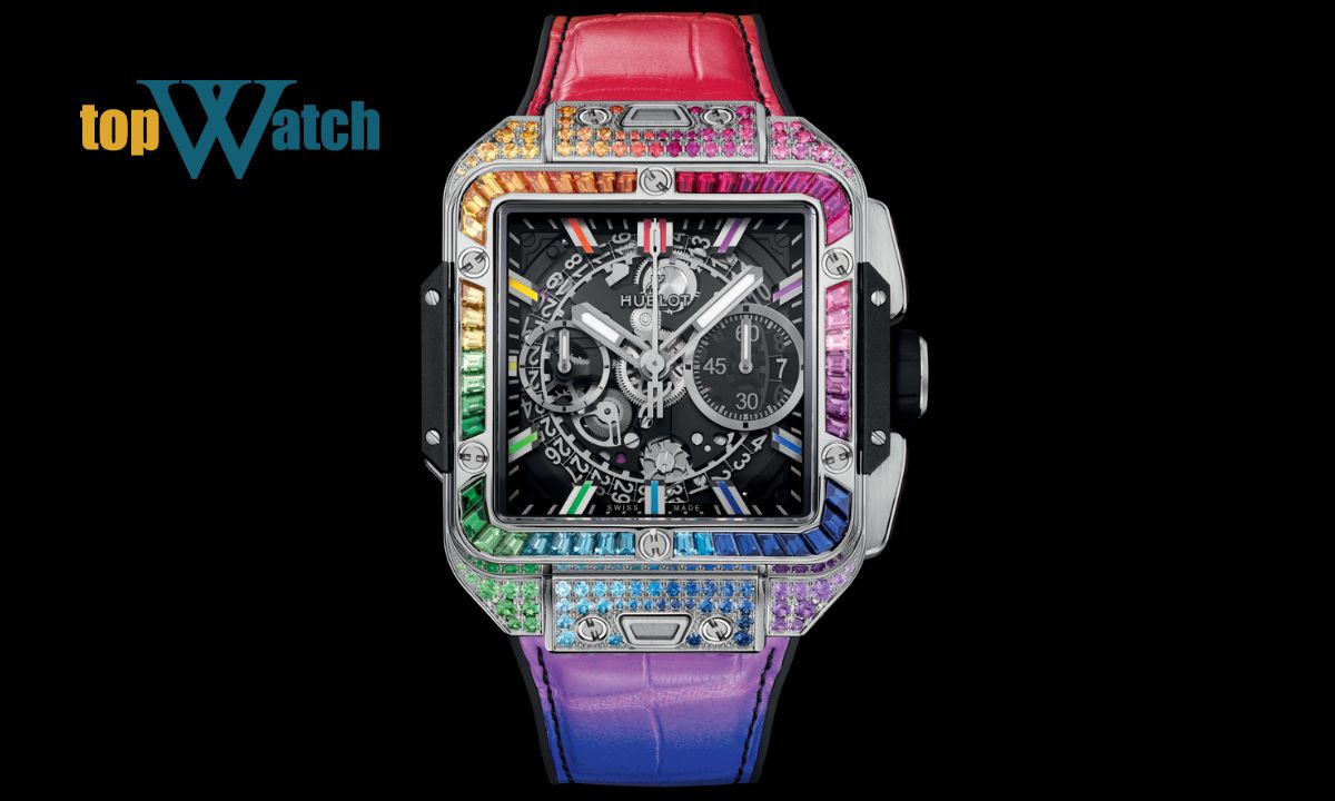 Gợi ý 10 mẫu đồng hồ Hublot mặt vuông độc đáo, được săn đón nhất Đồng hồ Hublot Square Bang Unico Titanium Rainbow 821.NX.0117.LR.0999