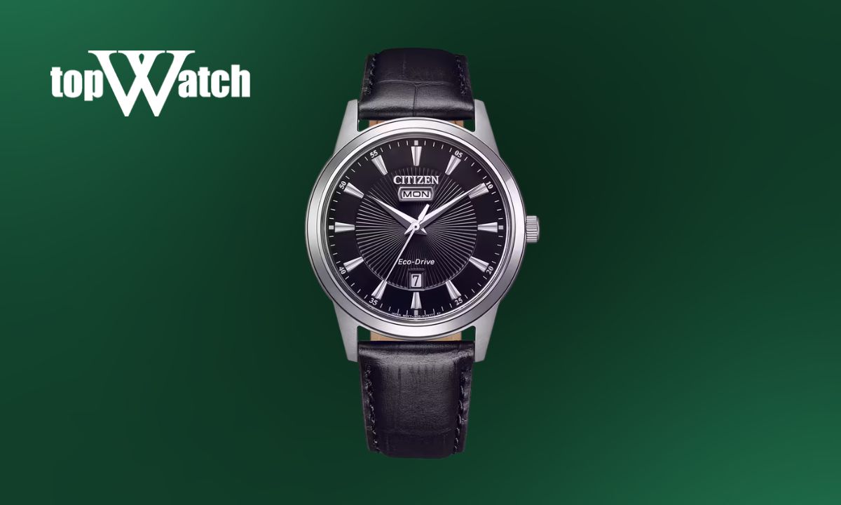 Top 14 đồng hồ Citizen dây da nam nữ thanh lịch, sang trọng Đồng hồ Citizen AW0100-27E mặt số đen chải tia
