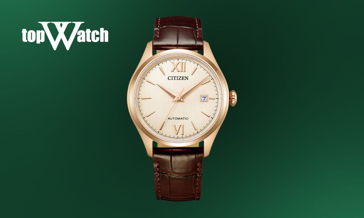 Top 14 đồng hồ Citizen dây da nam nữ thanh lịch, sang trọng Đồng hồ Citizen dây da Mechanical NJ0243-06A mặt số vàng