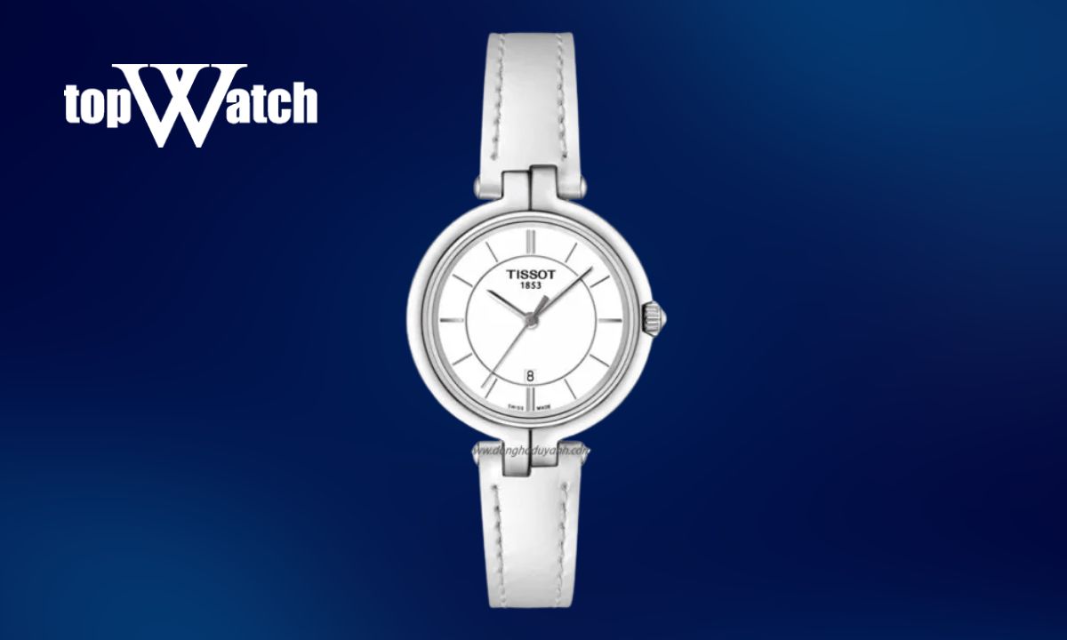 Top 7 mẫu đồng hồ Tissot nữ dây da thanh lịch, hiện đại Đồng hồ Tissot nữ dây da trắng Flamingo T094.210.16.011.00