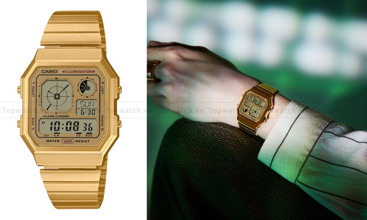 Gợi ý 10 mẫu đồng hồ Casio mặt vuông thiết kế đẹp và bán chạy Đồng hồ Casio A130WEG-9ADF mạ vàng