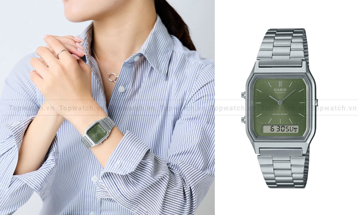 Top 12 mẫu đồng hồ Casio dây kim loại nam nữ bền bỉ Đồng hồ Casio AQ-230A-3AMQYDF mặt số hình chữ nhật