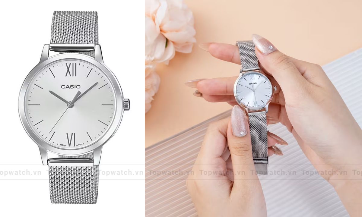 Khám phá 15 mẫu đồng hồ Casio nữ dây kim loại mặt tròn đẹp, thanh lịch Đồng hồ Casio LTP-E157M-7ADF dây lưới