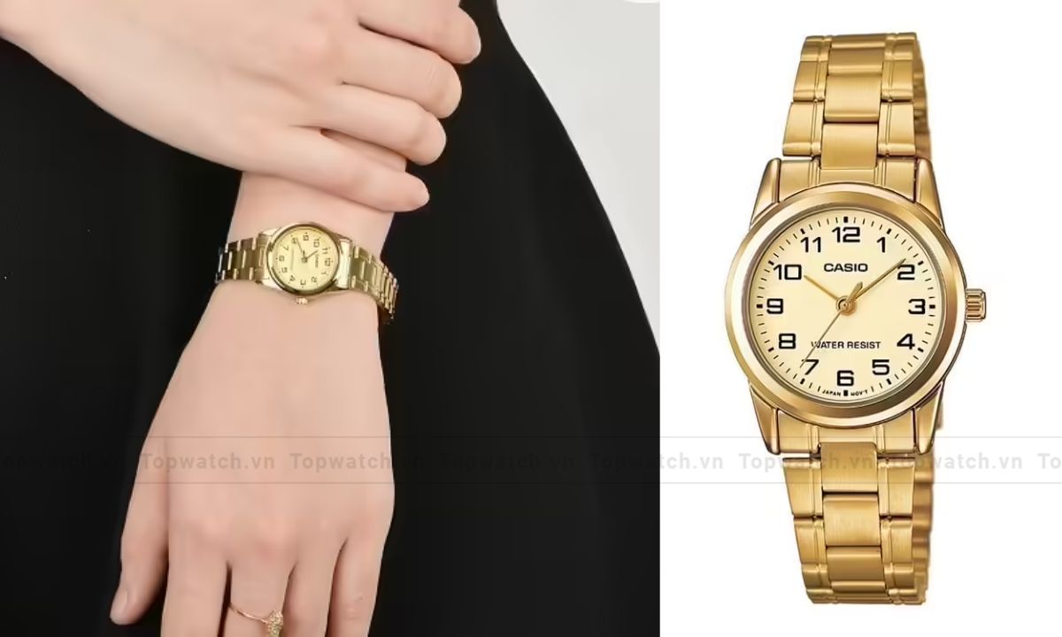 Khám phá 15 mẫu đồng hồ Casio nữ dây kim loại mặt tròn đẹp, thanh lịch Đồng hồ Casio LTP-V001G-9BUDF mạ vàng
