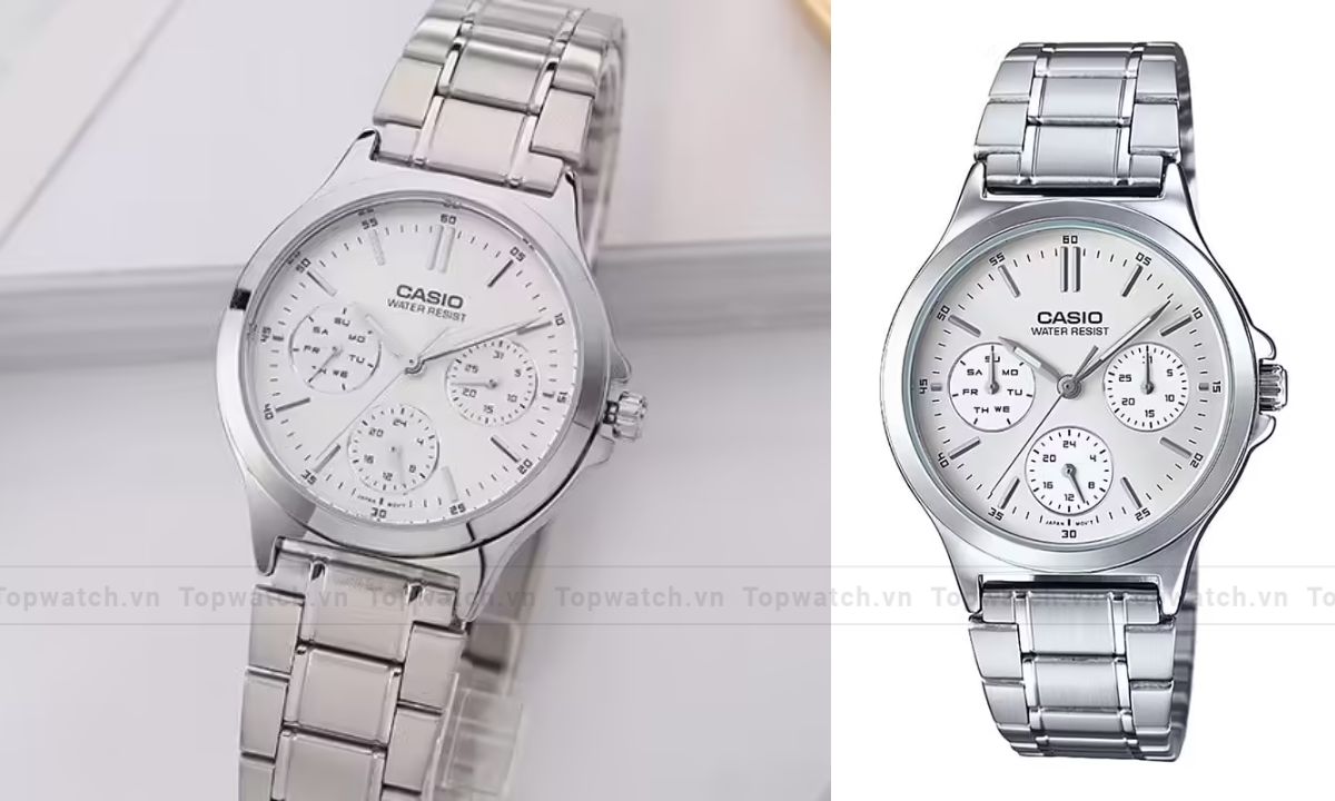 Khám phá 15 mẫu đồng hồ Casio nữ dây kim loại mặt tròn đẹp, thanh lịch Đồng hồ Casio LTP-V300D-7AUDF chronograph