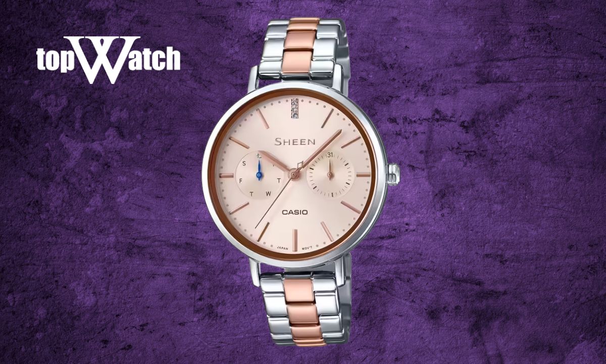 Khám phá 15 mẫu đồng hồ Casio nữ dây kim loại mặt tròn đẹp, thanh lịch Đồng hồ Casio SHE-3054SPG-4AUDR dây demi bạc - hồng
