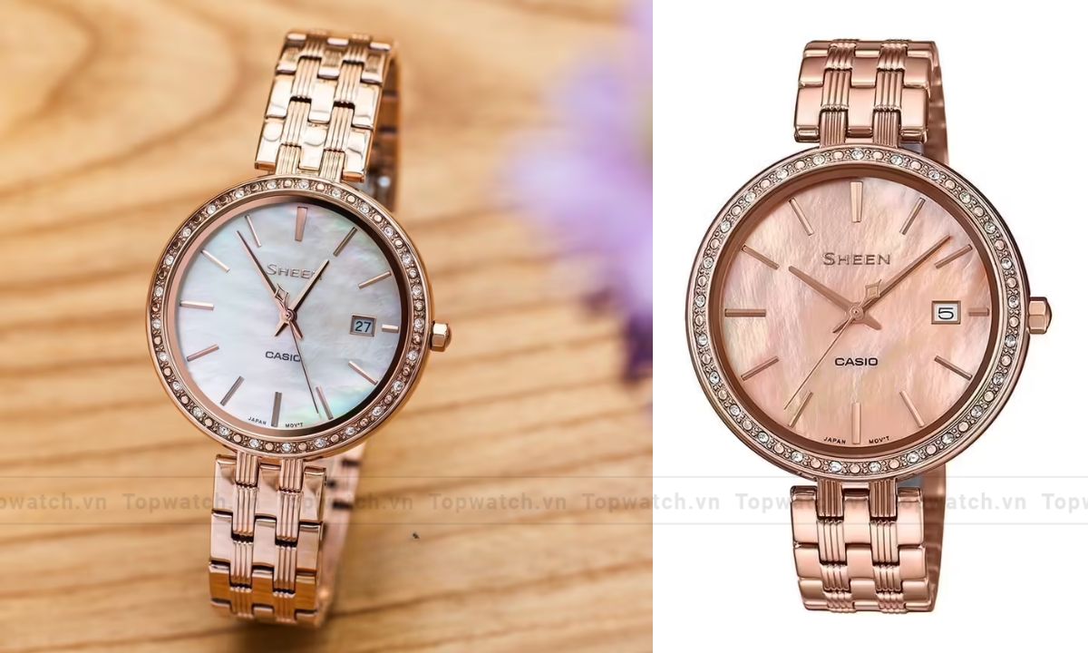 Khám phá 15 mẫu đồng hồ Casio nữ dây kim loại mặt tròn đẹp, thanh lịch Đồng hồ Casio SHE-4052PG-4AUDF dây kim loại vàng hồng