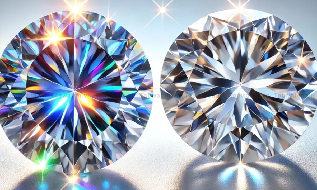 Đá Moissanite (bên trái) và kim cương tự nhiên (bên phải)